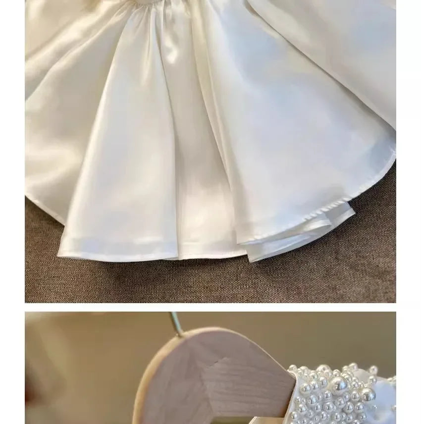 High End Handmade Baby Girl White Satin Dress Elegant Toddler Princess Dresses forCute Vestidos Birthday Party Wedding Clothes