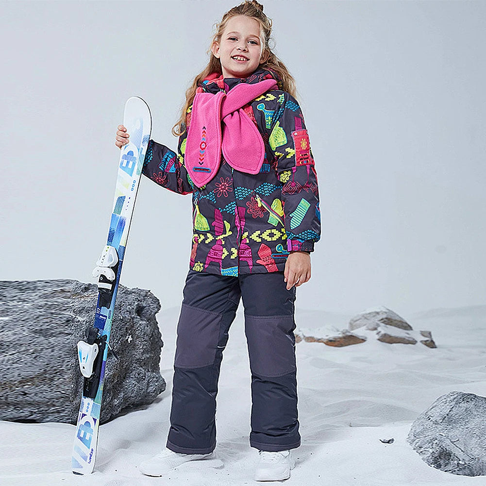 Children's Skisuits Boys Girls Winter Windproof Waterproof Warm Fleece Hooded Jacket Pants Skiing Suits Snowboarding Sports Wear