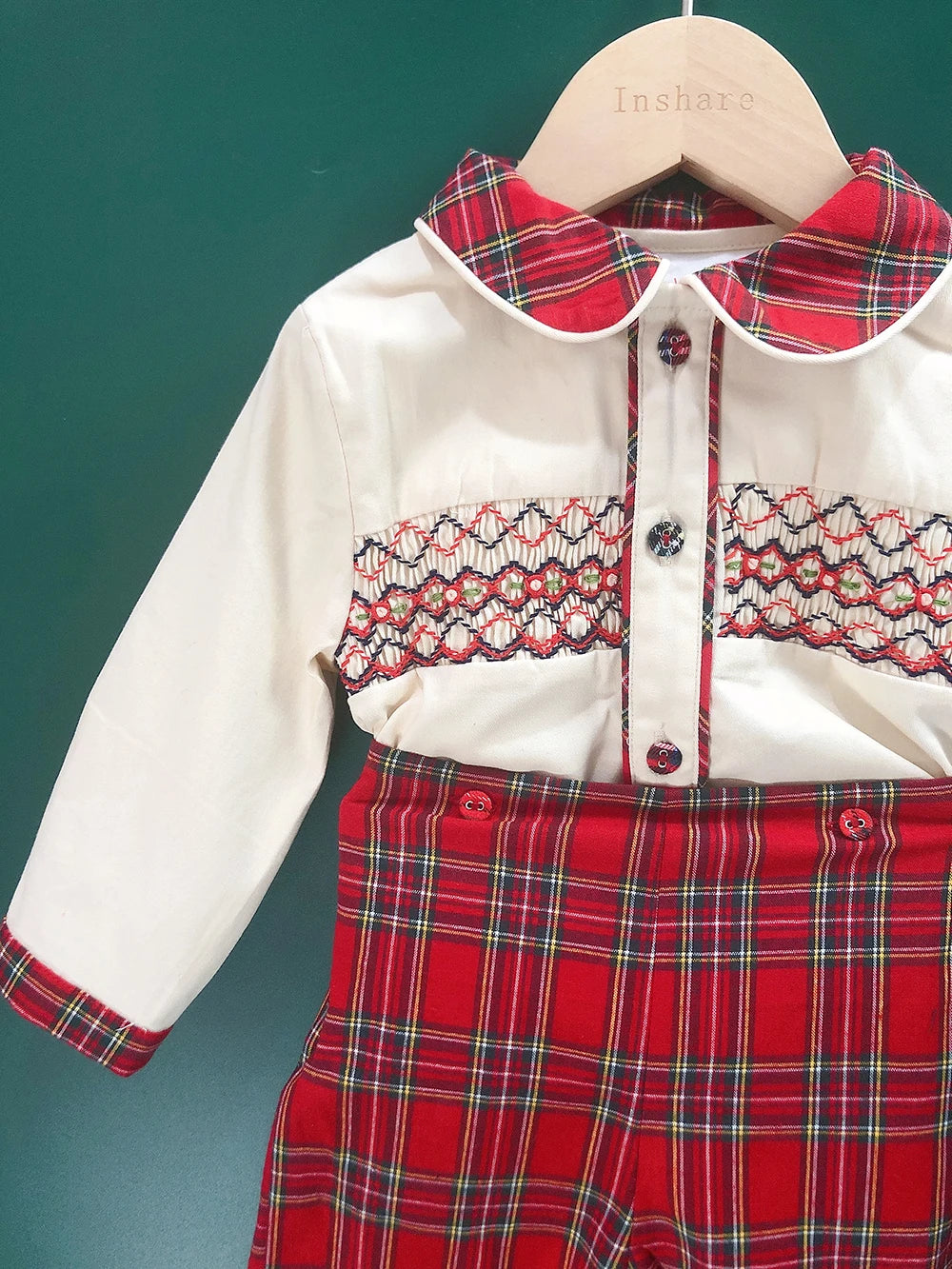 Children Holiday Clothing Boys and Girls Handmade Smocking Set and Dress Siblings Red Plaid Cotton Long Sleeve Holiday Outfits