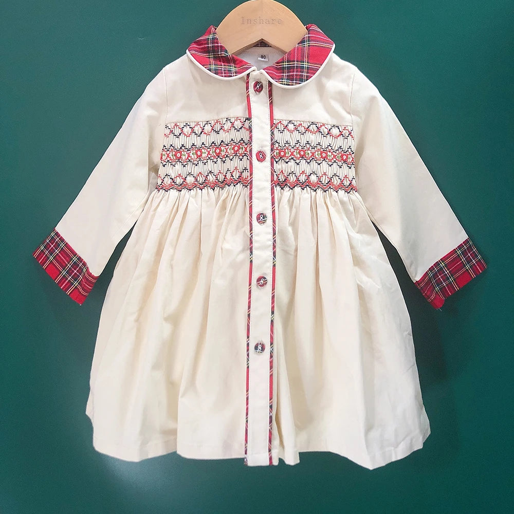 Children Holiday Clothing Boys and Girls Handmade Smocking Set and Dress Siblings Red Plaid Cotton Long Sleeve Holiday Outfits