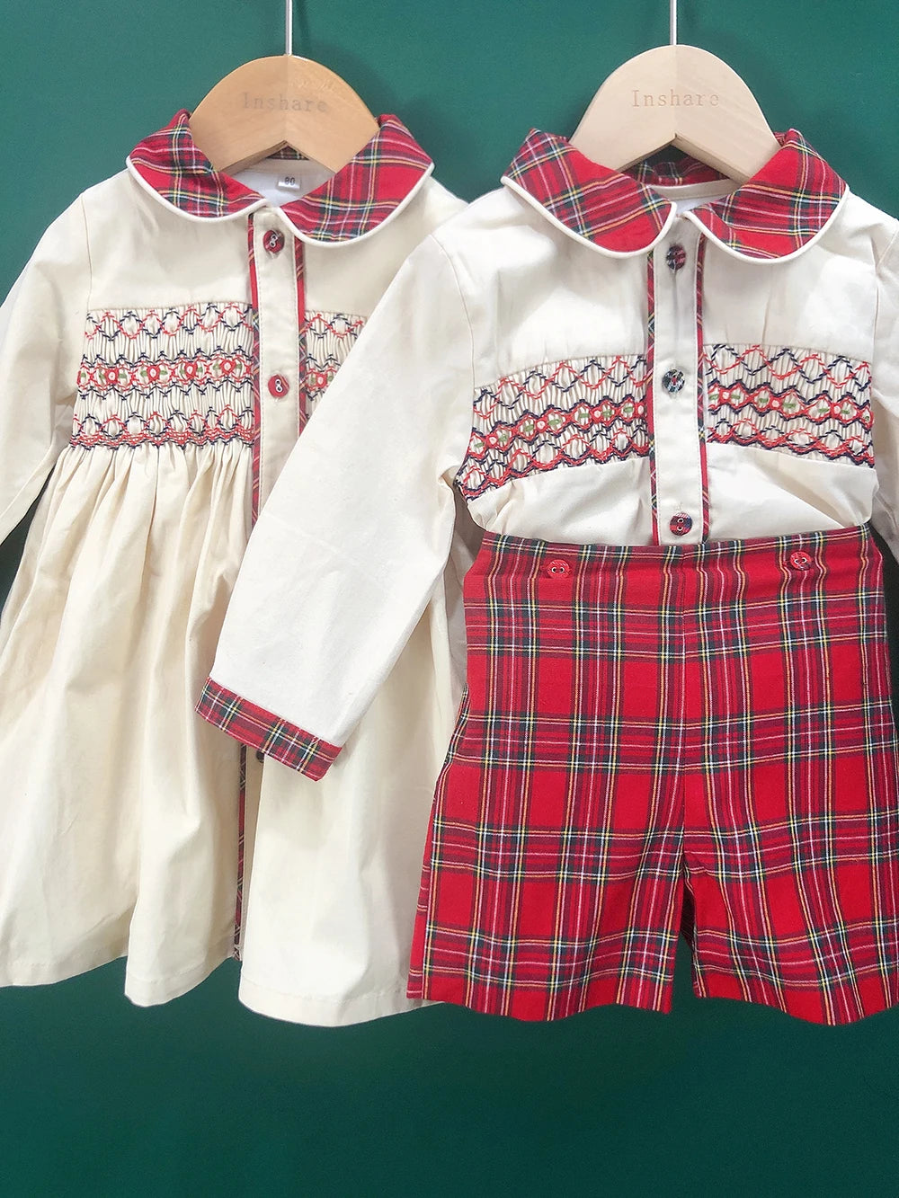 Children Holiday Clothing Boys and Girls Handmade Smocking Set and Dress Siblings Red Plaid Cotton Long Sleeve Holiday Outfits