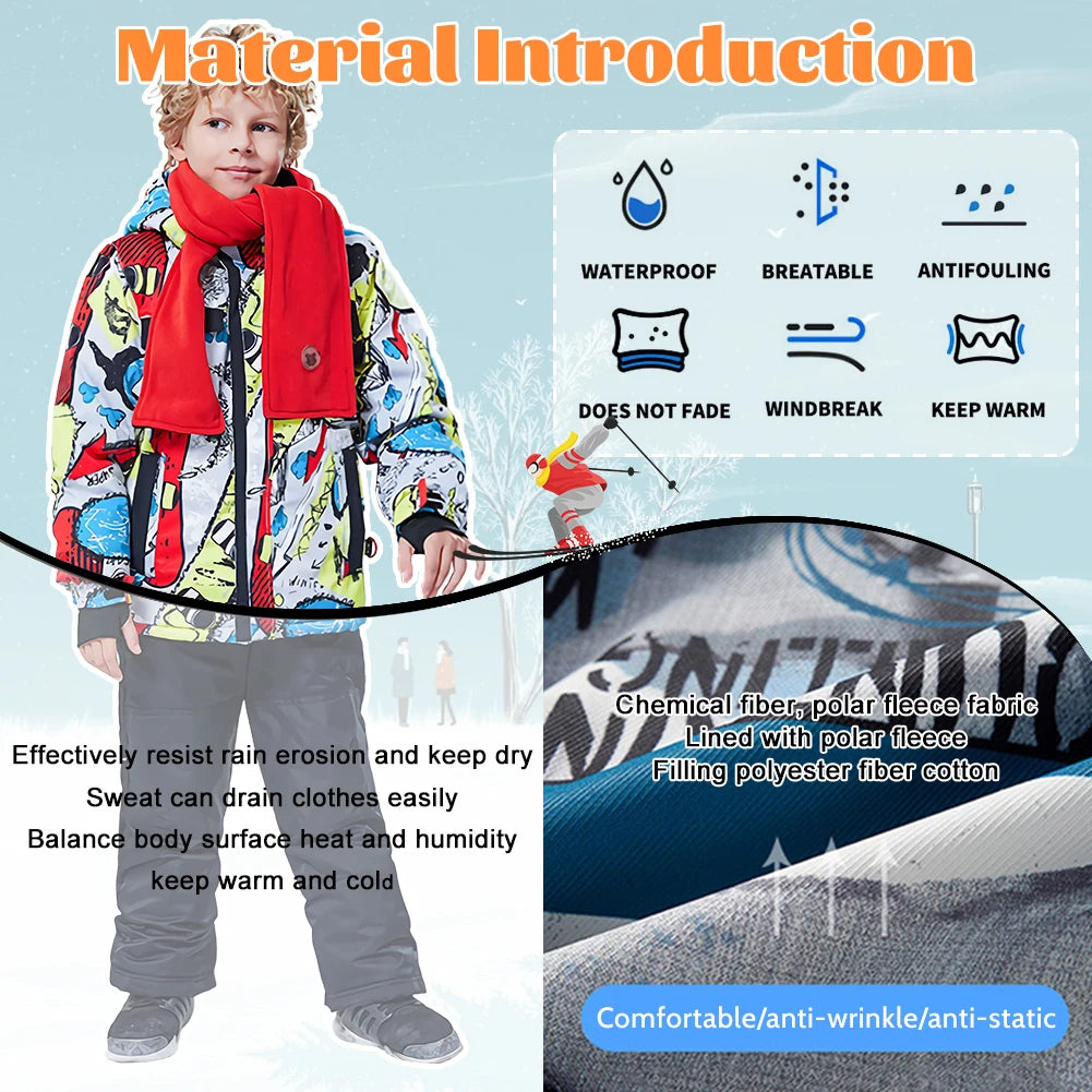 Children's Skisuits Boys Girls Winter Windproof Waterproof Warm Fleece Hooded Jacket Pants Skiing Suits Snowboarding Sports Wear