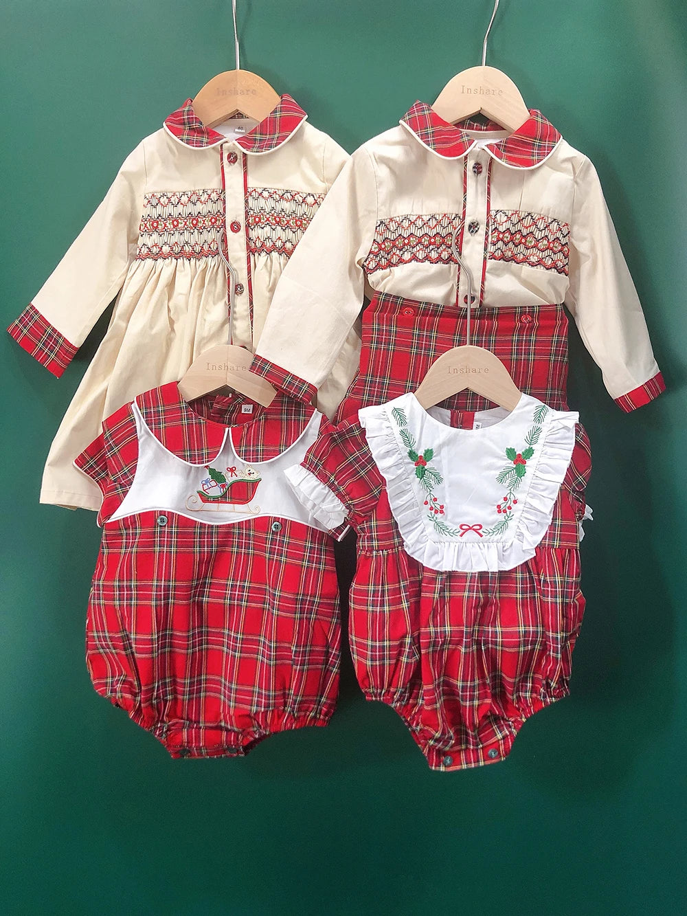 Children Holiday Clothing Boys and Girls Handmade Smocking Set and Dress Siblings Red Plaid Cotton Long Sleeve Holiday Outfits