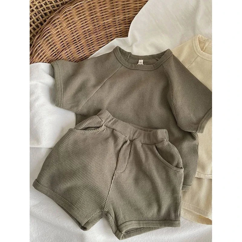 Children Clothing Set Korean Style Boys and Girls Short Sleeve Waffler Suit Muslin Baby Casual Kids Simple Solid Color Two Piece