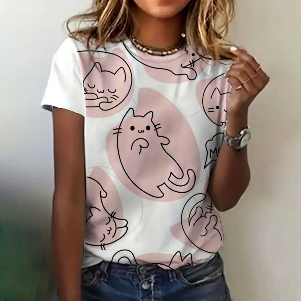 Women's Clothing Cute T-shirt Summer Crewneck Short Sleeve Cat Pattern Top Loose Casual Comfortable Clothing Women's T-shirt