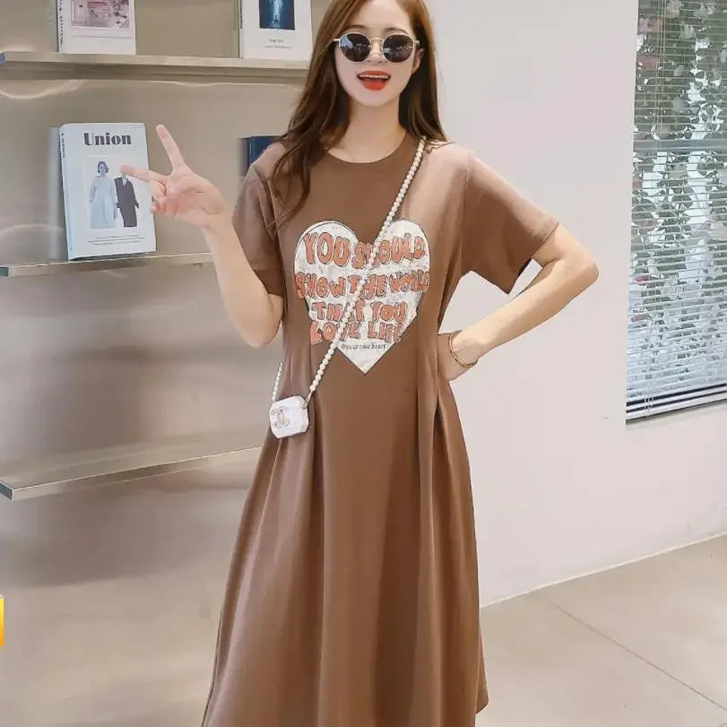 2025 New Korean Family Clothing Summer Fashion Solid Color Printed Love Mother and Daughter Short Sleeve Casual Dress