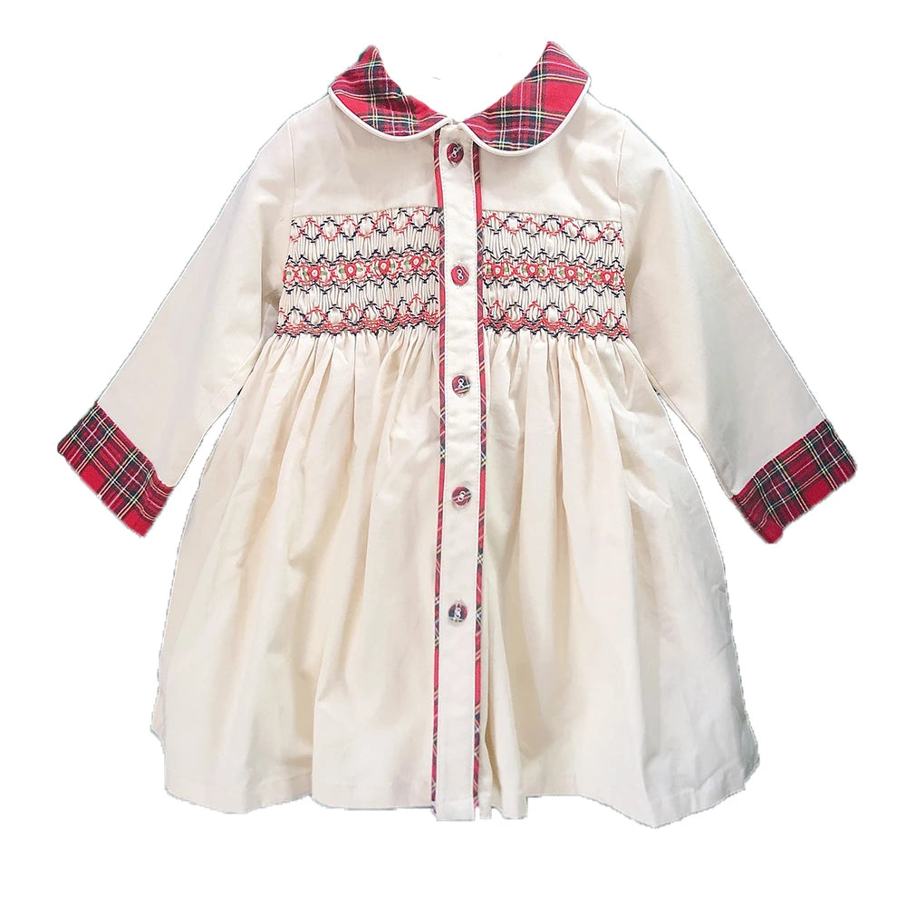 Children Holiday Clothing Boys and Girls Handmade Smocking Set and Dress Siblings Red Plaid Cotton Long Sleeve Holiday Outfits