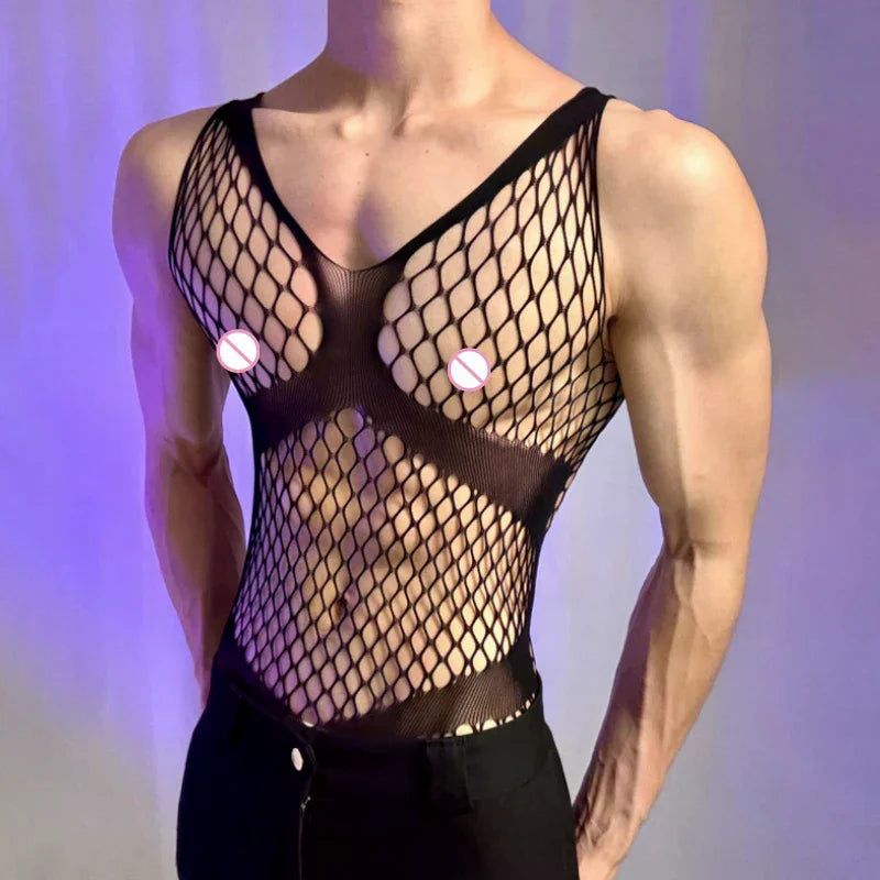 Men's Bodysuits Male Long Sleeved Uniforms Autumn Winter Underwear Gay Breathable Gentlemen Mesh Clothes