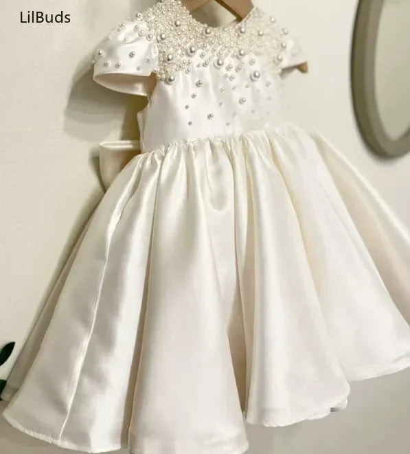 High End Handmade Baby Girl White Satin Dress Elegant Toddler Princess Dresses forCute Vestidos Birthday Party Wedding Clothes