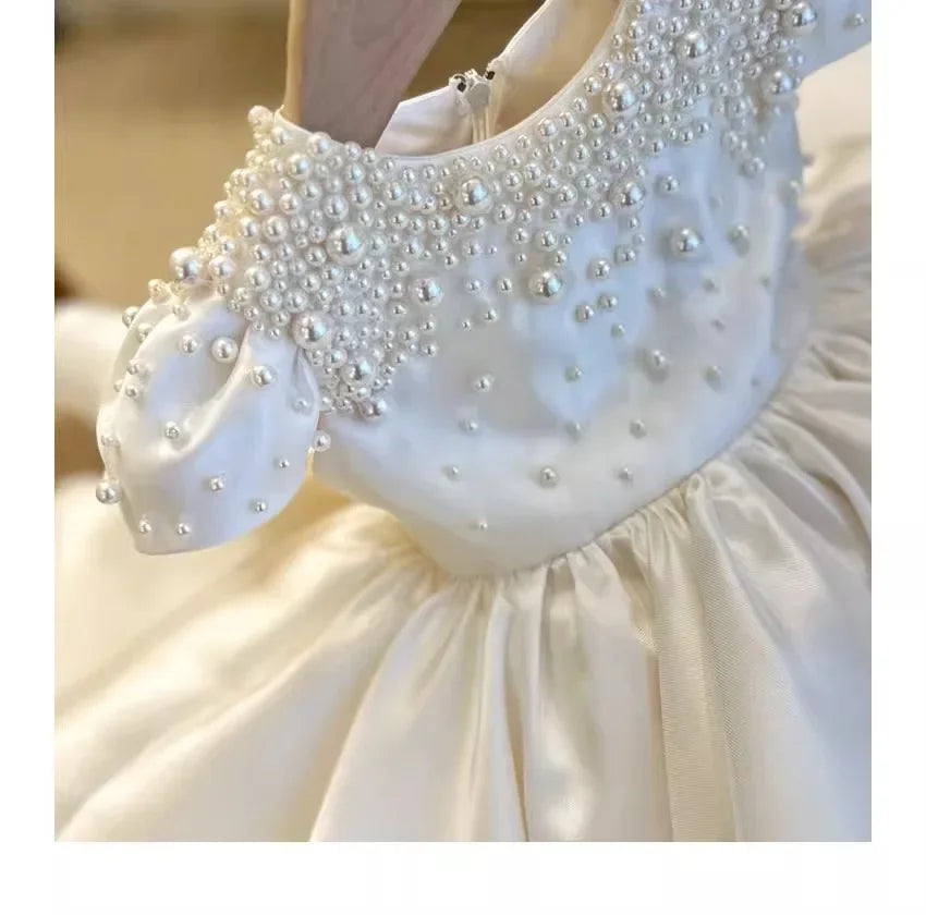 High End Handmade Baby Girl White Satin Dress Elegant Toddler Princess Dresses forCute Vestidos Birthday Party Wedding Clothes