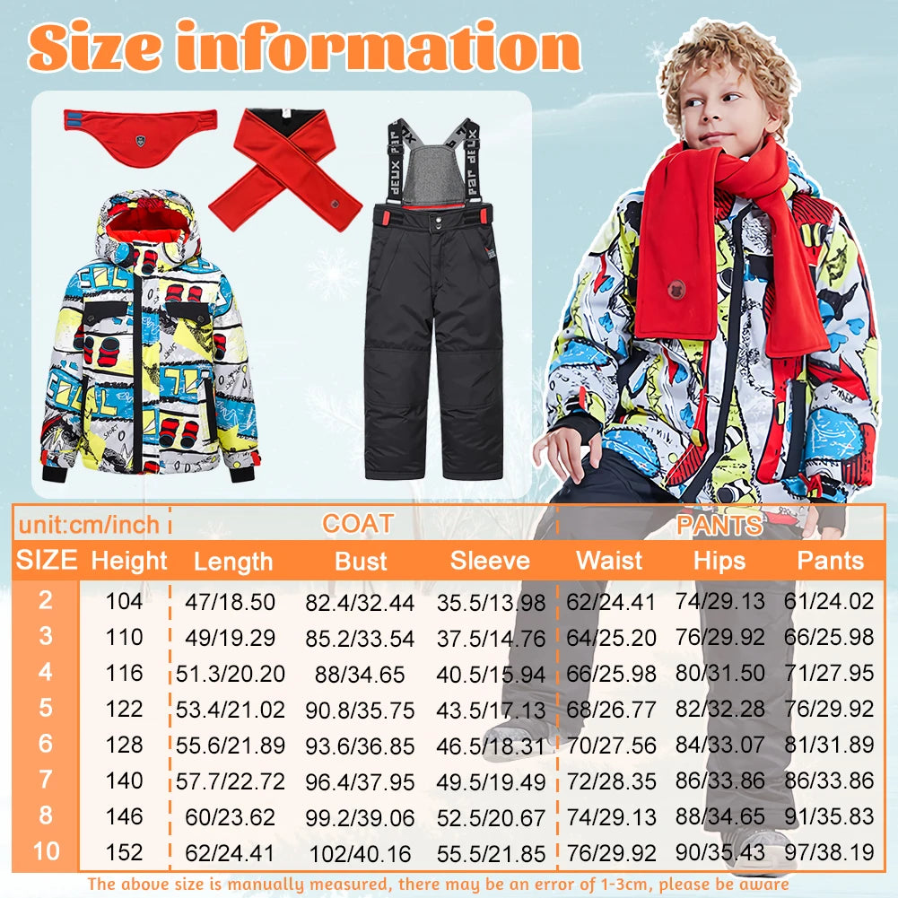 Children's Skisuits Boys Girls Winter Windproof Waterproof Warm Fleece Hooded Jacket Pants Skiing Suits Snowboarding Sports Wear