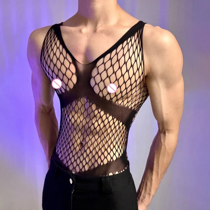 Men's Bodysuits Male Long Sleeved Uniforms Autumn Winter Underwear Gay Breathable Gentlemen Mesh Clothes