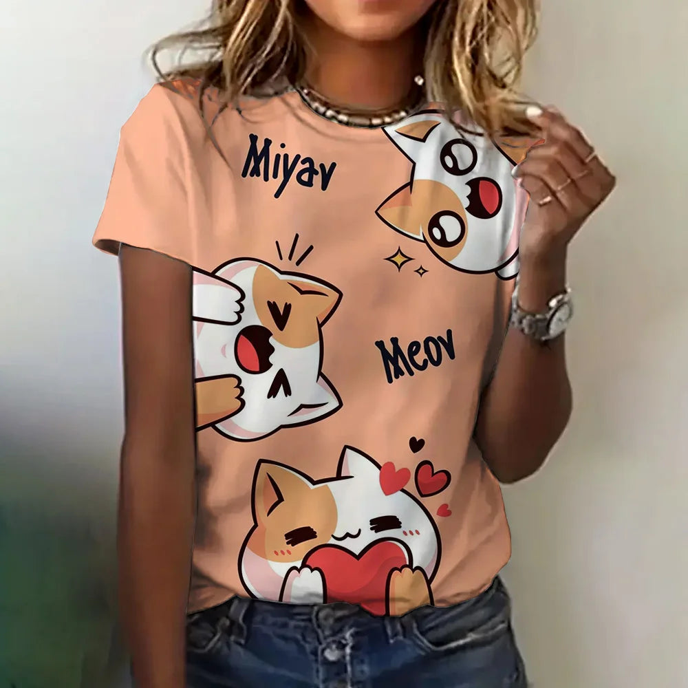 Women's Clothing Cute T-shirt Summer Crewneck Short Sleeve Cat Pattern Top Loose Casual Comfortable Clothing Women's T-shirt