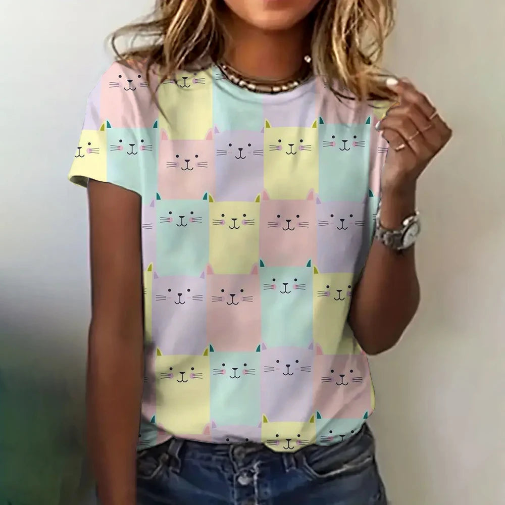 Women's Clothing Cute T-shirt Summer Crewneck Short Sleeve Cat Pattern Top Loose Casual Comfortable Clothing Women's T-shirt