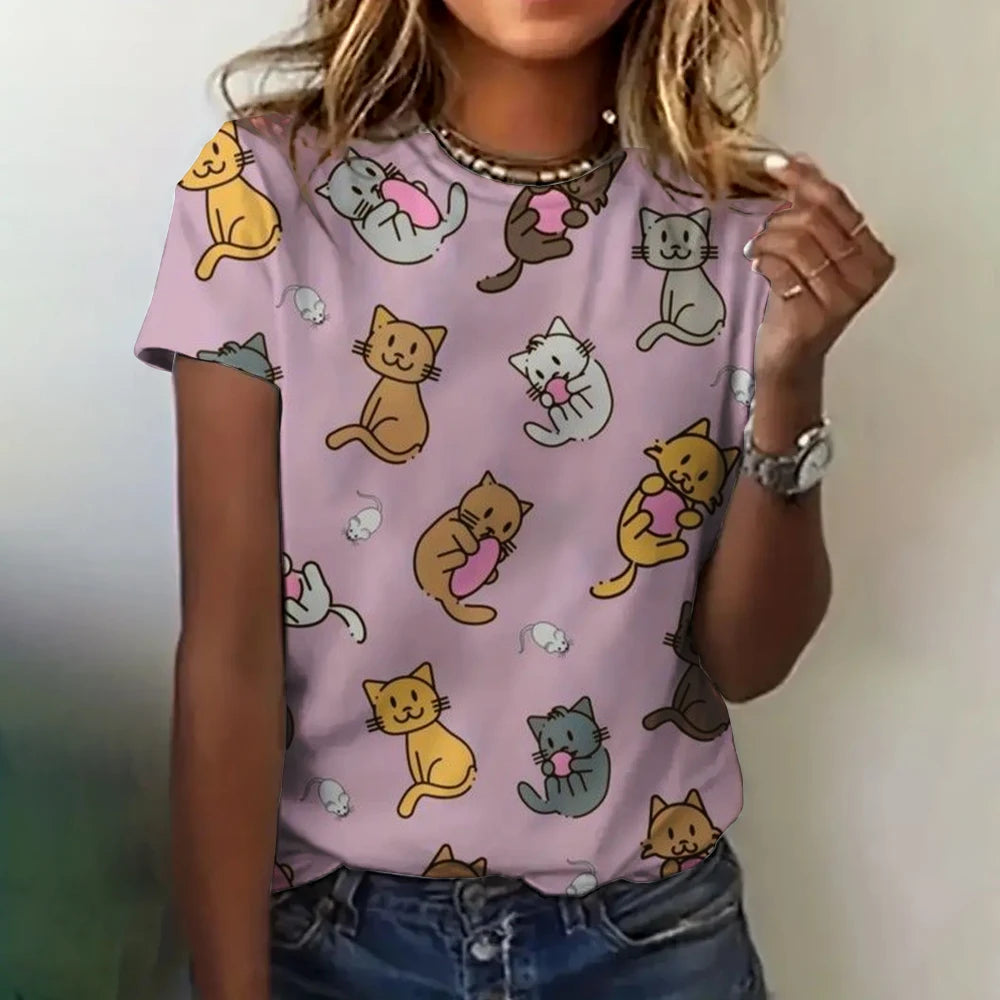 Women's Clothing Cute T-shirt Summer Crewneck Short Sleeve Cat Pattern Top Loose Casual Comfortable Clothing Women's T-shirt