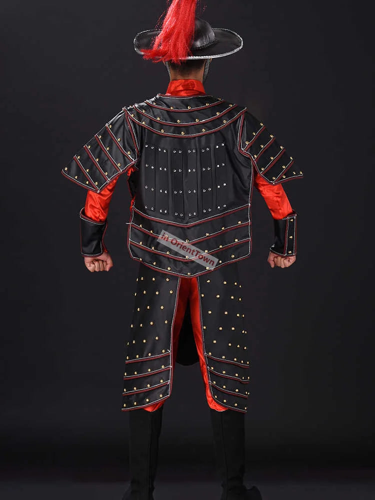Ancient China Nan Bei and Ming Dynasty Clothing Male General Armor Stage Costume Black Warrior Battle Robe Performance Costume