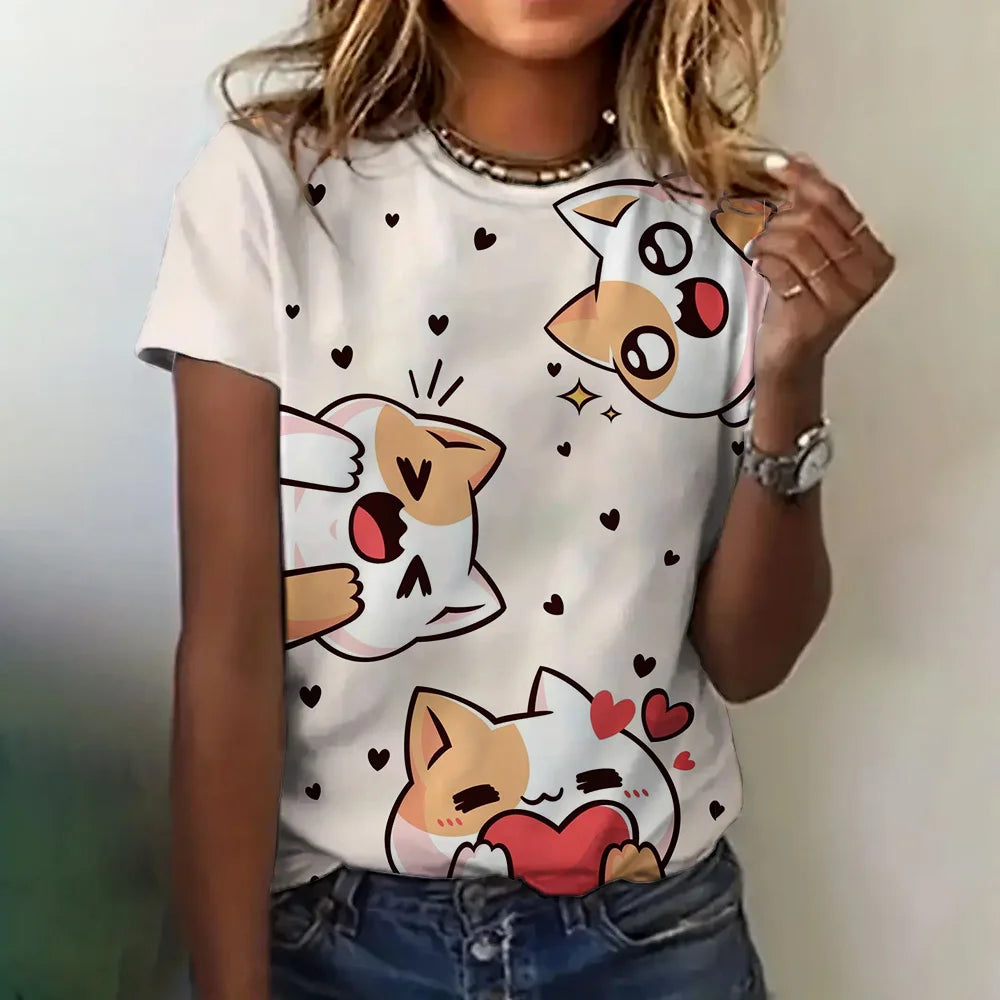 Women's Clothing Cute T-shirt Summer Crewneck Short Sleeve Cat Pattern Top Loose Casual Comfortable Clothing Women's T-shirt