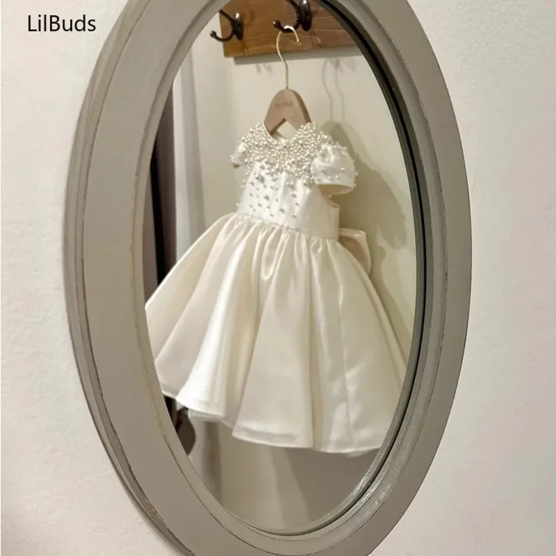 High End Handmade Baby Girl White Satin Dress Elegant Toddler Princess Dresses forCute Vestidos Birthday Party Wedding Clothes
