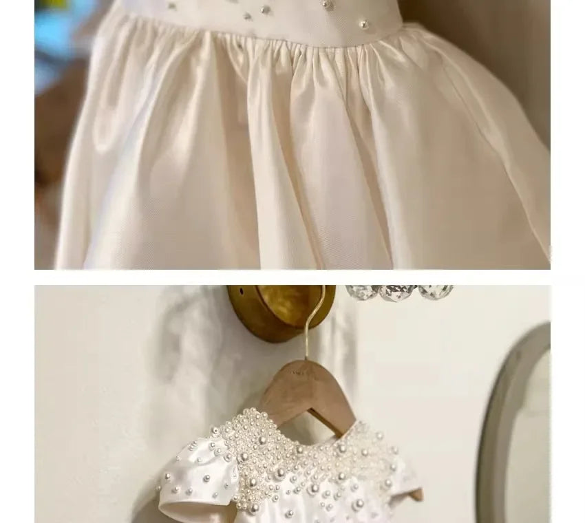 High End Handmade Baby Girl White Satin Dress Elegant Toddler Princess Dresses forCute Vestidos Birthday Party Wedding Clothes