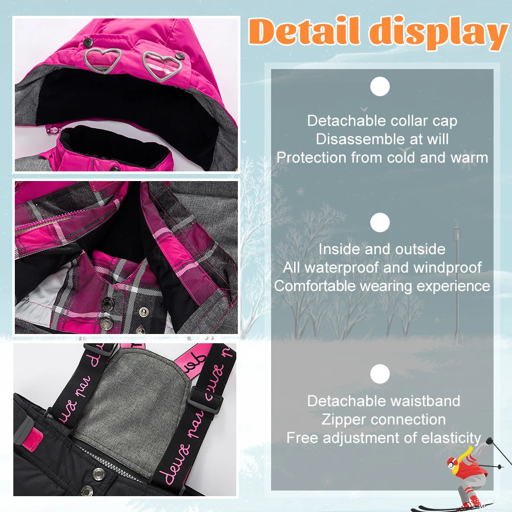 Children's Skisuits Boys Girls Winter Windproof Waterproof Warm Fleece Hooded Jacket Pants Skiing Suits Snowboarding Sports Wear