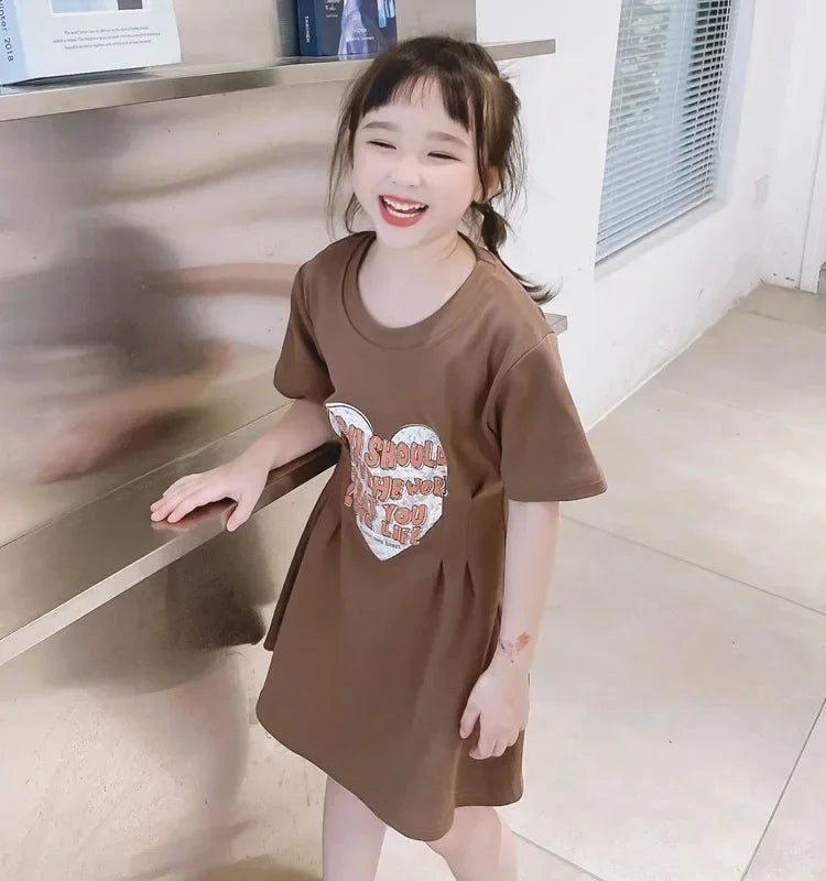 2025 New Korean Family Clothing Summer Fashion Solid Color Printed Love Mother and Daughter Short Sleeve Casual Dress