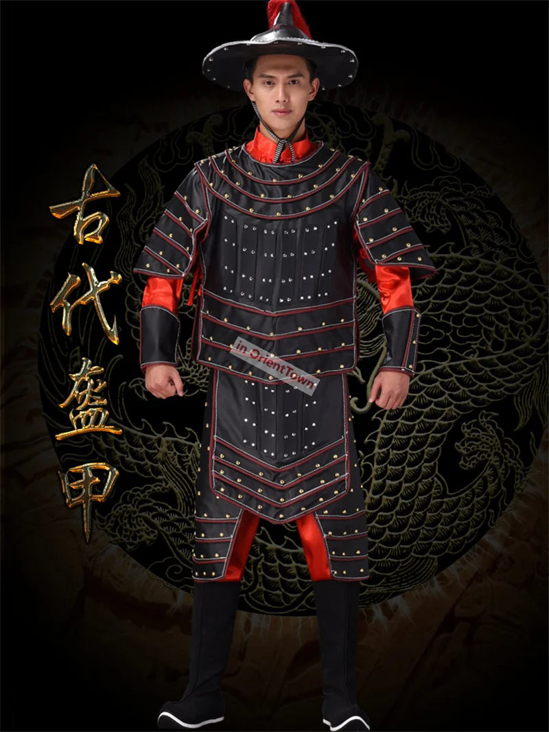 Ancient China Nan Bei and Ming Dynasty Clothing Male General Armor Stage Costume Black Warrior Battle Robe Performance Costume