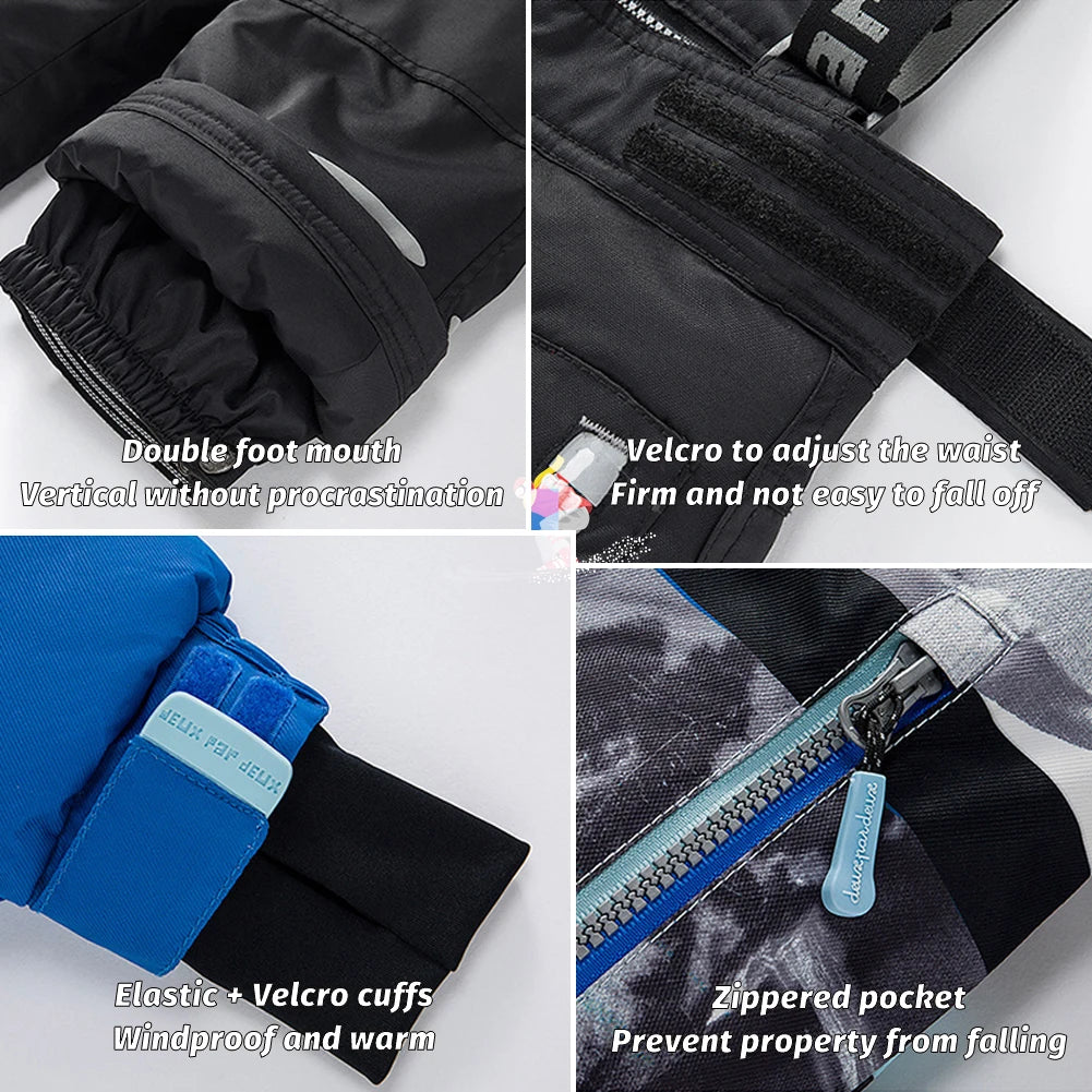 Children's Skisuits Boys Girls Winter Windproof Waterproof Warm Fleece Hooded Jacket Pants Skiing Suits Snowboarding Sports Wear