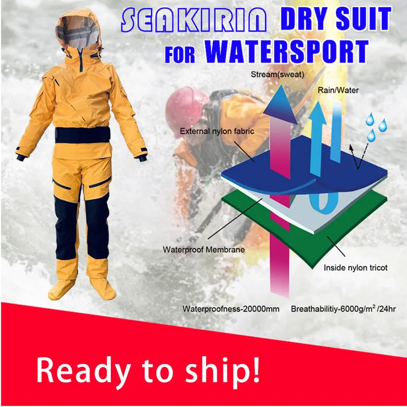 Front Entry Waterproof Full Drysuit Detachable Hooded Dry Suit Clothing for Kayaking Paddling Rafting Canoeing Sailling Kitesurf