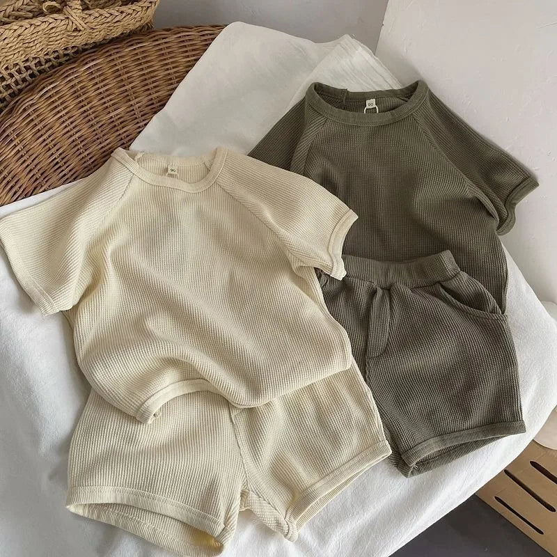 Children Clothing Set Korean Style Boys and Girls Short Sleeve Waffler Suit Muslin Baby Casual Kids Simple Solid Color Two Piece