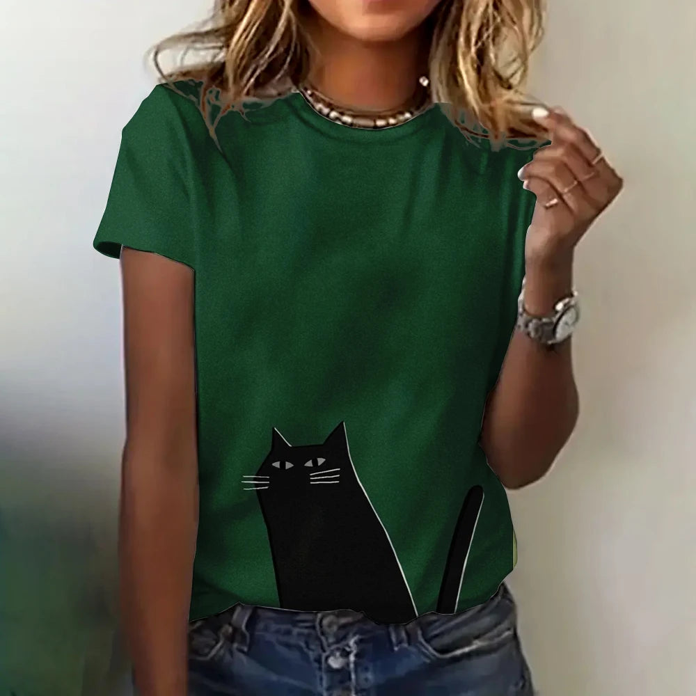 Women's Clothing Cute T-shirt Summer Crewneck Short Sleeve Cat Pattern Top Loose Casual Comfortable Clothing Women's T-shirt