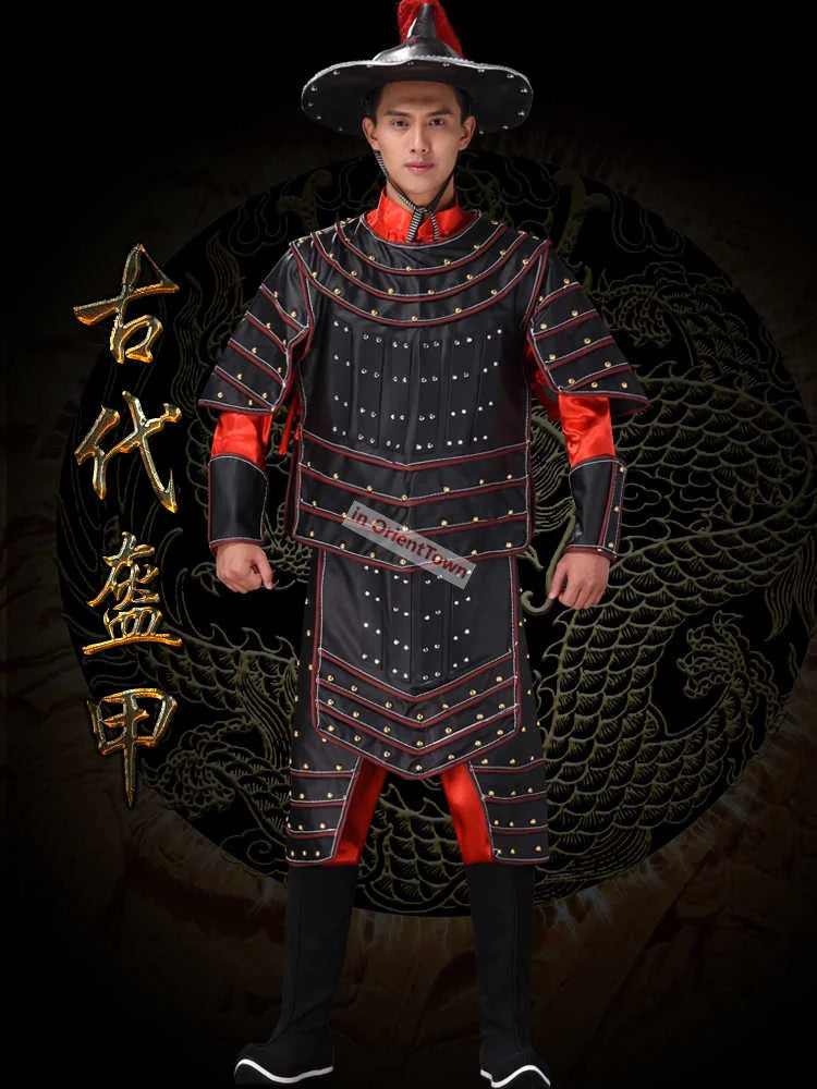 Ancient China Nan Bei and Ming Dynasty Clothing Male General Armor Stage Costume Black Warrior Battle Robe Performance Costume