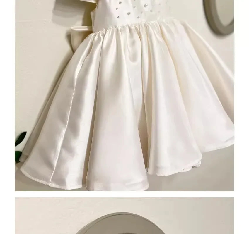 High End Handmade Baby Girl White Satin Dress Elegant Toddler Princess Dresses forCute Vestidos Birthday Party Wedding Clothes