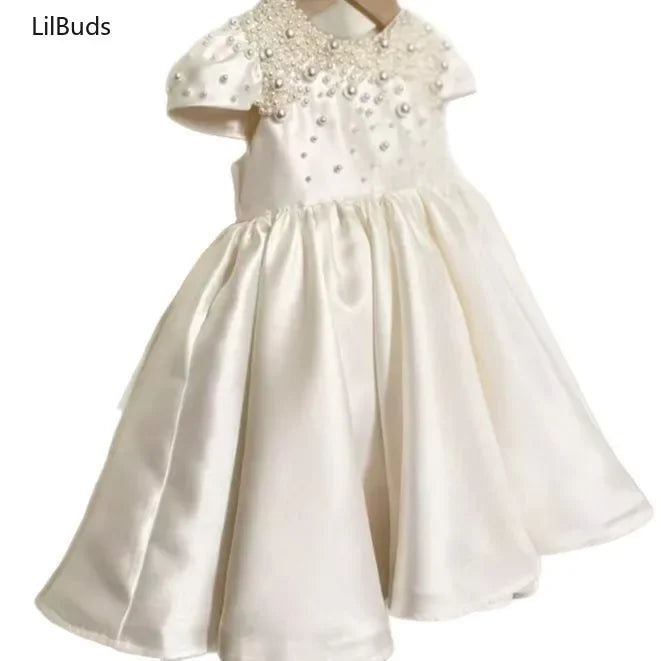 High End Handmade Baby Girl White Satin Dress Elegant Toddler Princess Dresses forCute Vestidos Birthday Party Wedding Clothes