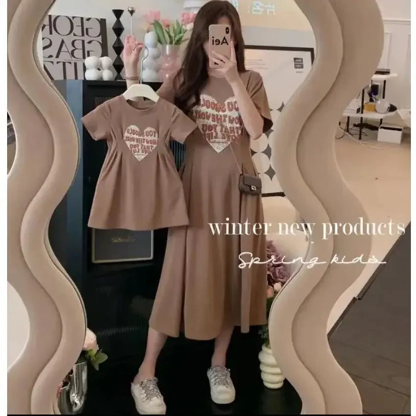 2025 New Korean Family Clothing Summer Fashion Solid Color Printed Love Mother and Daughter Short Sleeve Casual Dress