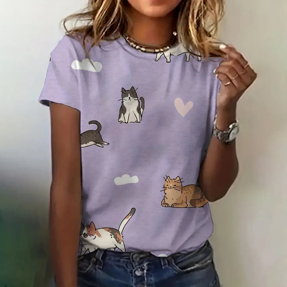 Women's Clothing Cute T-shirt Summer Crewneck Short Sleeve Cat Pattern Top Loose Casual Comfortable Clothing Women's T-shirt