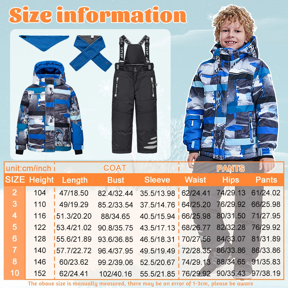 Children's Skisuits Boys Girls Winter Windproof Waterproof Warm Fleece Hooded Jacket Pants Skiing Suits Snowboarding Sports Wear