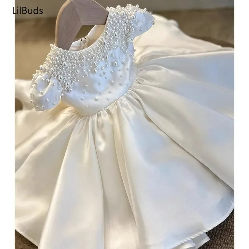 High End Handmade Baby Girl White Satin Dress Elegant Toddler Princess Dresses forCute Vestidos Birthday Party Wedding Clothes