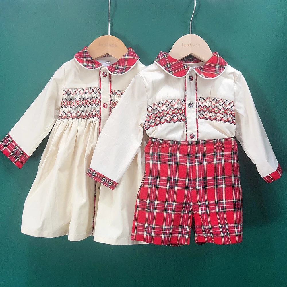 Children Holiday Clothing Boys and Girls Handmade Smocking Set and Dress Siblings Red Plaid Cotton Long Sleeve Holiday Outfits