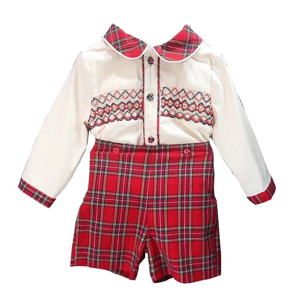 Children Holiday Clothing Boys and Girls Handmade Smocking Set and Dress Siblings Red Plaid Cotton Long Sleeve Holiday Outfits
