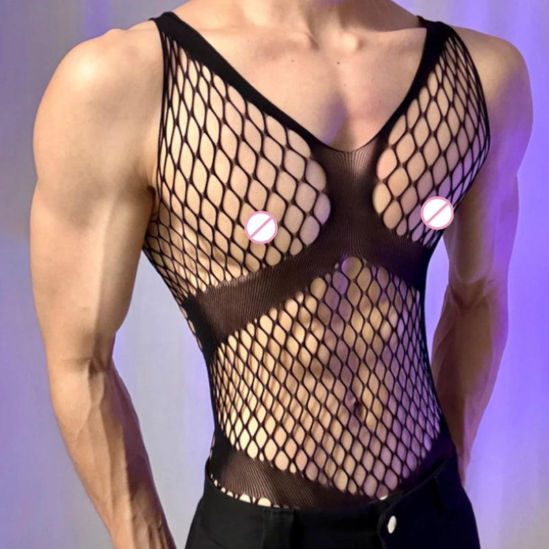 Men's Bodysuits Male Long Sleeved Uniforms Autumn Winter Underwear Gay Breathable Gentlemen Mesh Clothes