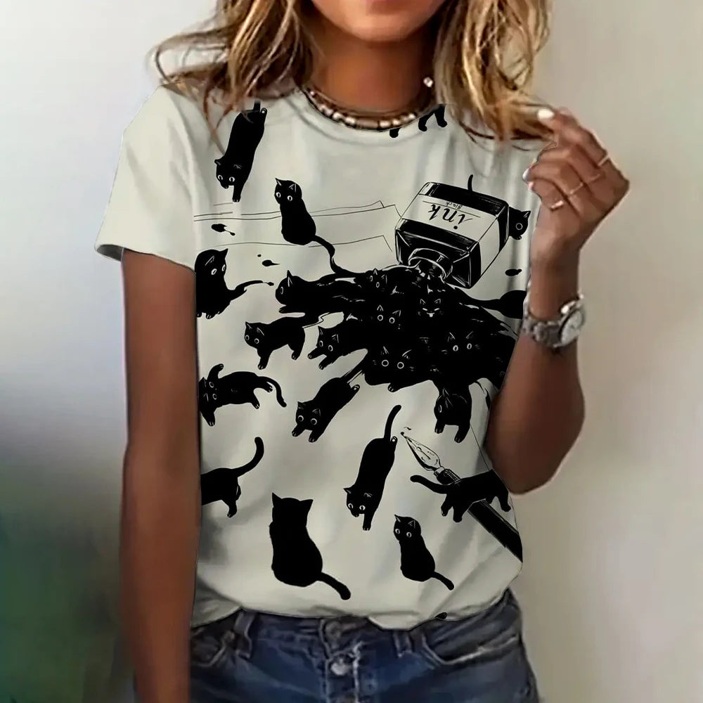 Women's Clothing Cute T-shirt Summer Crewneck Short Sleeve Cat Pattern Top Loose Casual Comfortable Clothing Women's T-shirt
