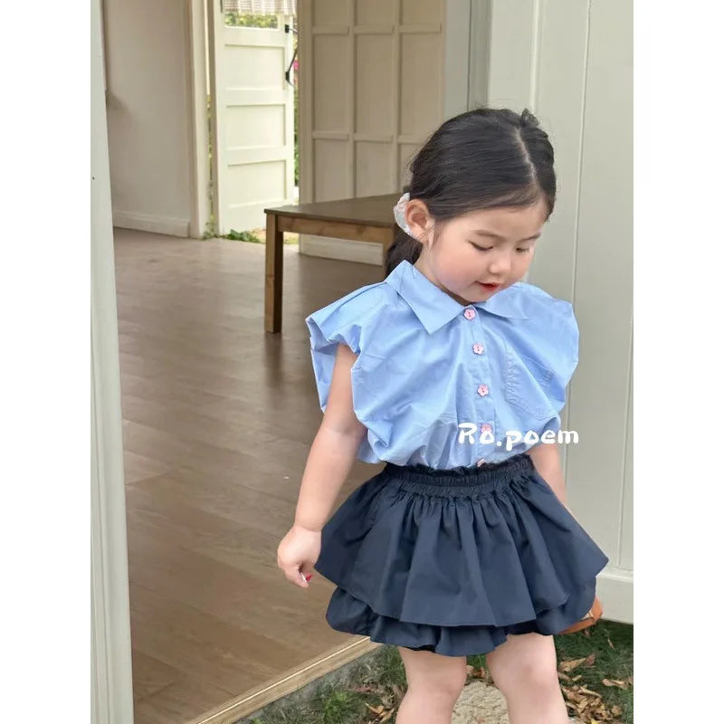 Children Clothing Set Girls Single Breasted Sleeveless Top and Culottes 2023 New Summer Fashionable Casual Sweet Two Piece Set