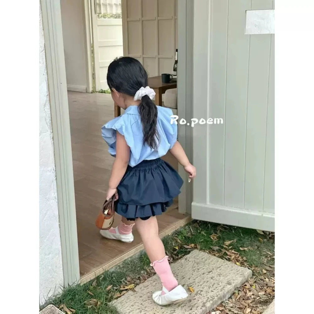 Children Clothing Set Girls Single Breasted Sleeveless Top and Culottes 2023 New Summer Fashionable Casual Sweet Two Piece Set