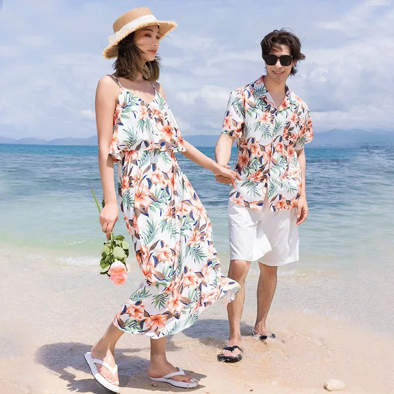 Family Look Vacation Beach Clothing Mom Daughter Sleeveless Dress Dad Son Matching Floral Shirt Set Parent Child Holiday Clothes