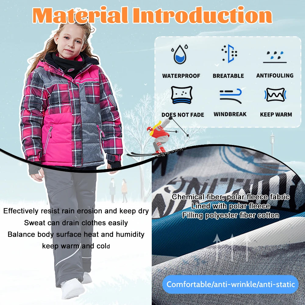 Children's Skisuits Boys Girls Winter Windproof Waterproof Warm Fleece Hooded Jacket Pants Skiing Suits Snowboarding Sports Wear