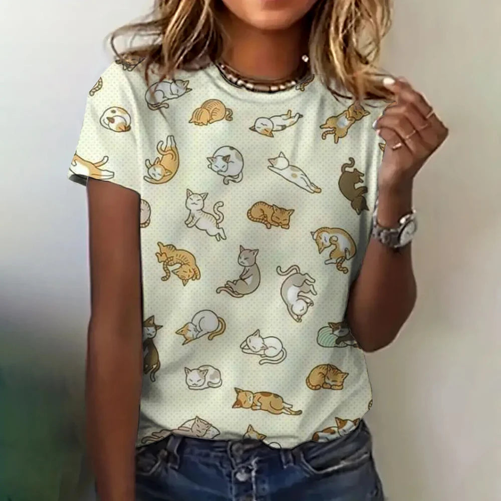 Women's Clothing Cute T-shirt Summer Crewneck Short Sleeve Cat Pattern Top Loose Casual Comfortable Clothing Women's T-shirt