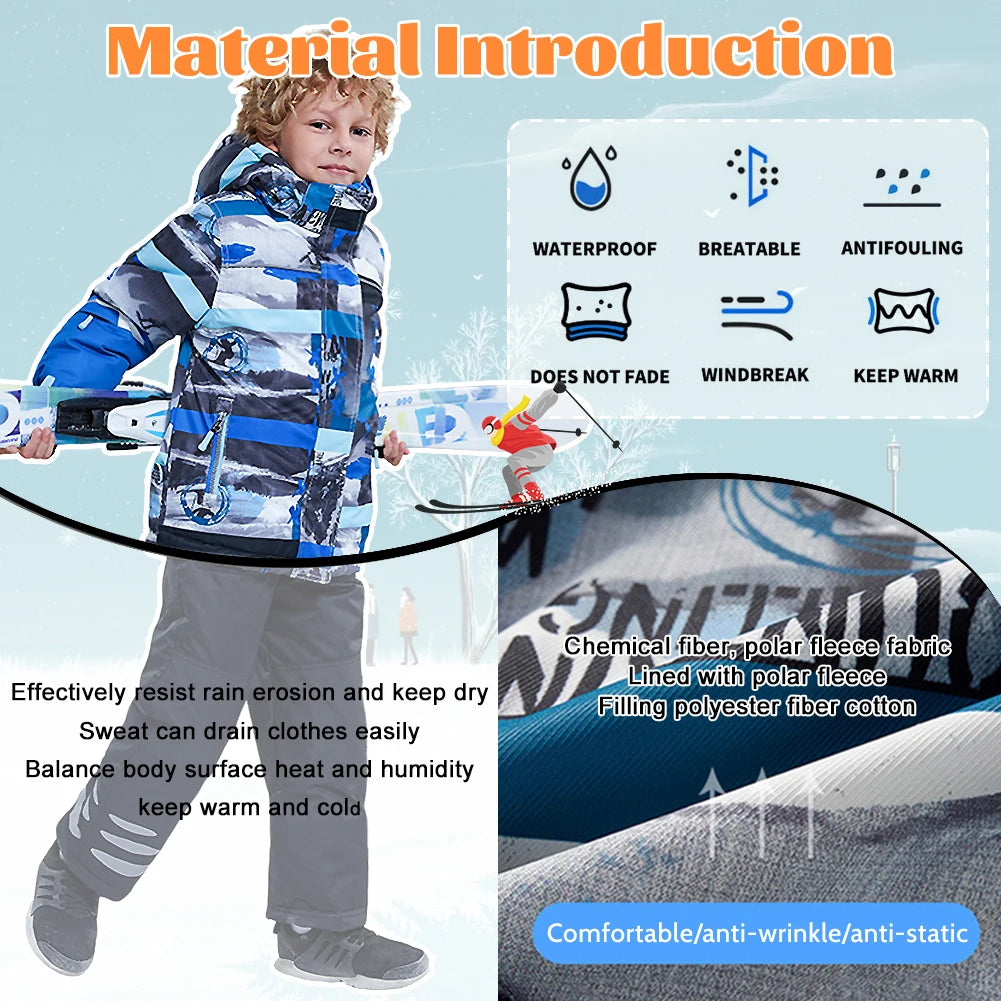 Children's Skisuits Boys Girls Winter Windproof Waterproof Warm Fleece Hooded Jacket Pants Skiing Suits Snowboarding Sports Wear