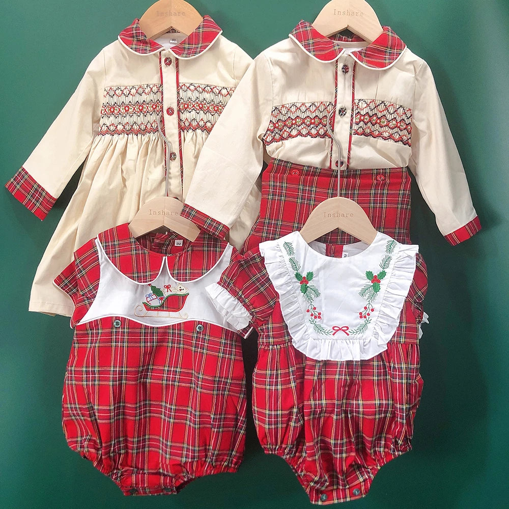 Children Holiday Clothing Boys and Girls Handmade Smocking Set and Dress Siblings Red Plaid Cotton Long Sleeve Holiday Outfits