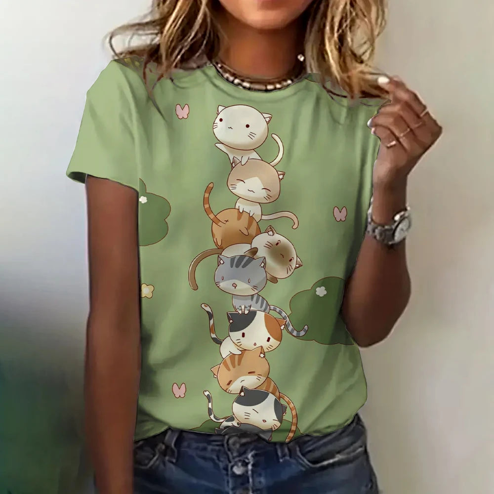 Women's Clothing Cute T-shirt Summer Crewneck Short Sleeve Cat Pattern Top Loose Casual Comfortable Clothing Women's T-shirt