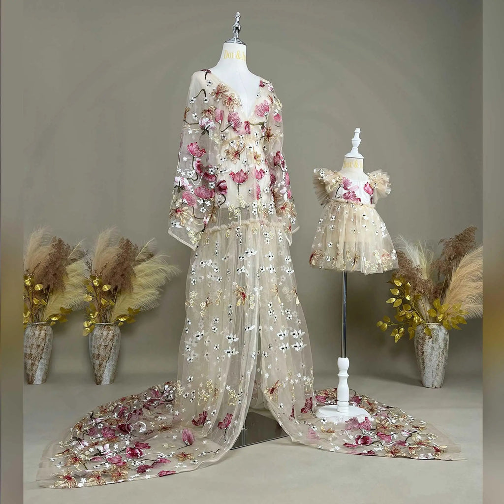 Don&Judy Mom And Daughter Woman Dress Two Pieces Set V Neck Front Silt Gown Maternity Woman Clothing For Photo Shoot